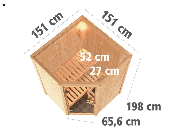 Karibu Sauna Larin ohne Ofen, ohne Dachkranz, mit Klarglas-Ganzglastür