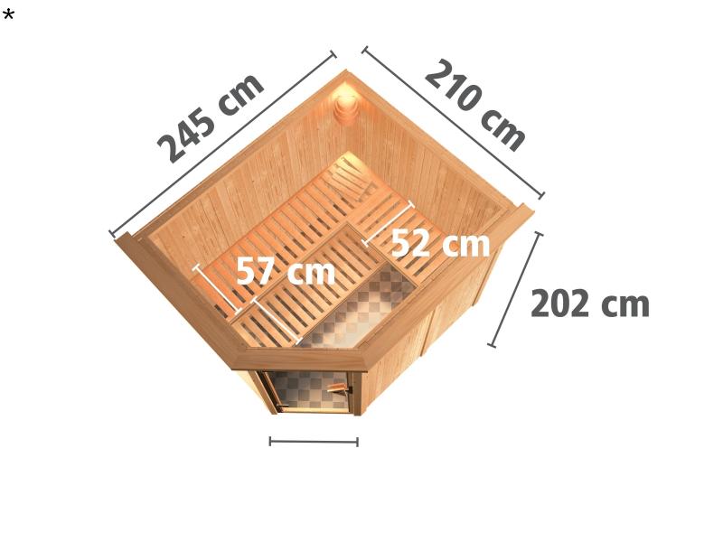 Karibu Sauna Malin inkl. 9 kW Bio Ofen mit ext. Steuerung, mit Dachkranz, mit Klarglas Ganzglastür