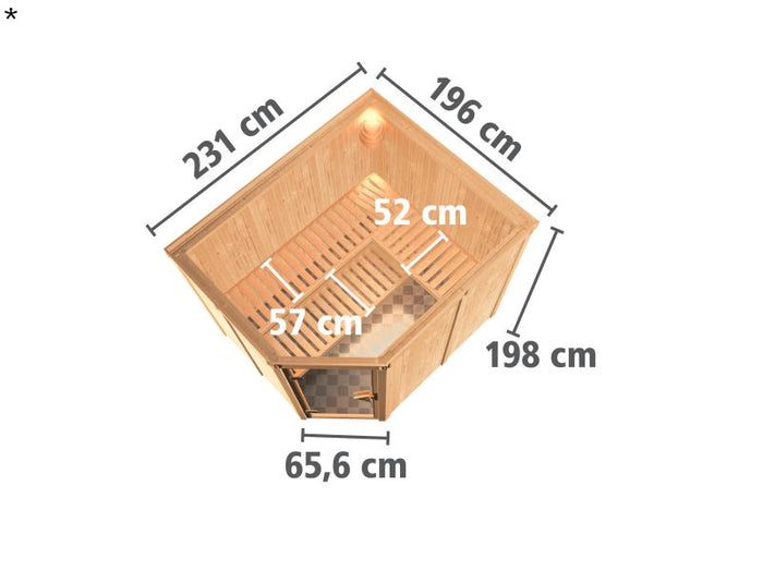 Karibu Sauna Malin inkl. 9-kW-Ofen mit externer Steuerung, ohne Dachkranz, mit moderner Saunatür