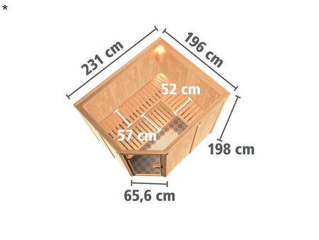 Karibu Sauna Malin inkl. 9 kW Ofen mit int. Steuerung, ohne Dachkranz, mit Klarglas Ganzglastür