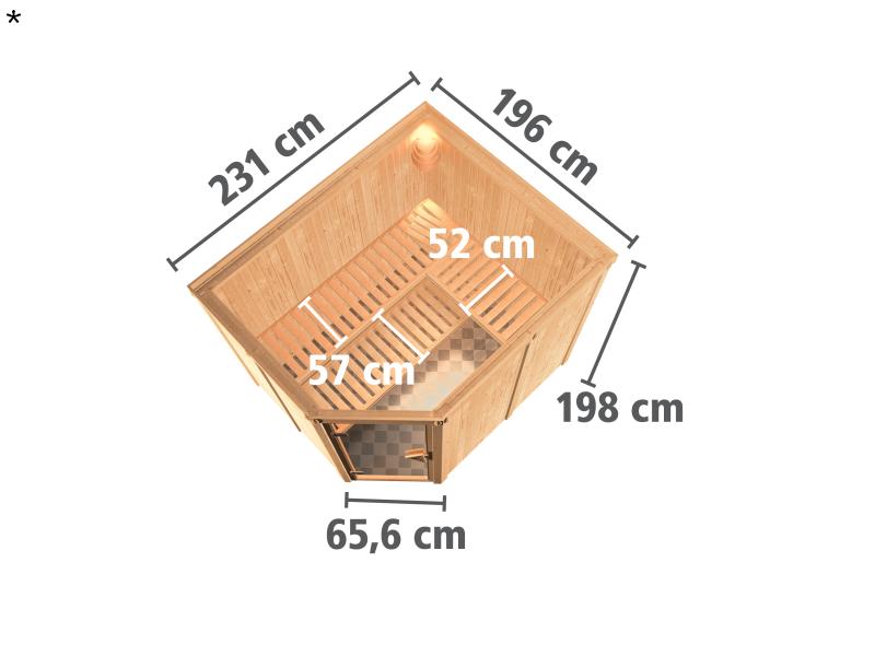 Karibu Sauna Malin inkl. 9-kW-Ofen mit interner Steuerung, ohne Dachkranz, mit moderner Saunatür