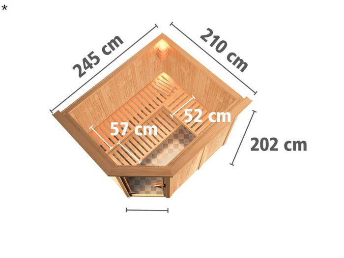 Karibu Sauna Malin ohne Ofen, mit Dachkranz, mit energiesparender Saunatür