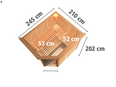Karibu Sauna Malin ohne Ofen, mit Dachkranz, mit moderner Saunatür