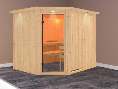 Karibu Sauna Malin ohne Ofen, mit Dachkranz, mit Klarglas Ganzglastür