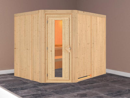 Karibu Sauna Malin ohne Ofen, ohne Dachkranz, mit energiesparender Saunatür