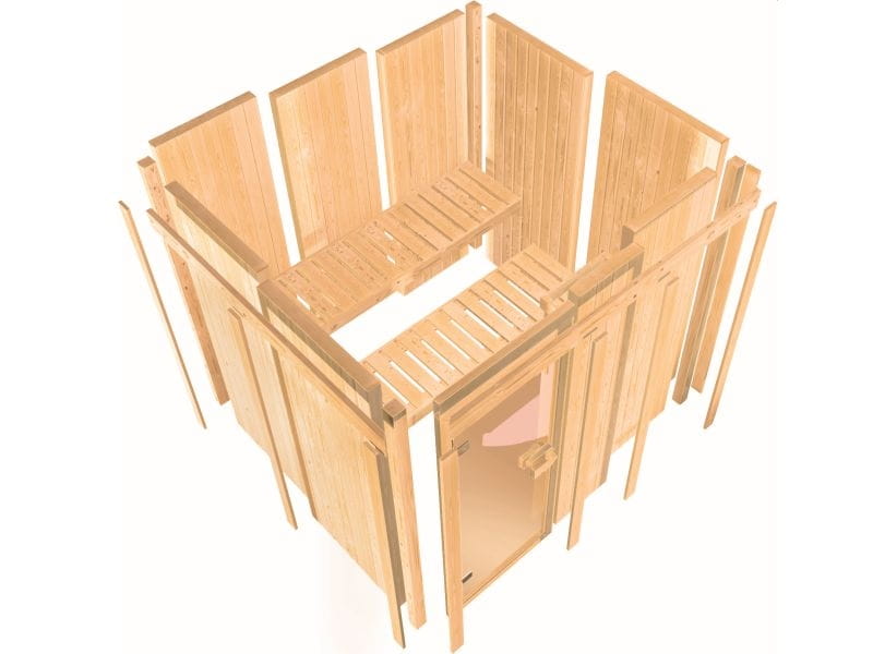 Karibu Sauna Malin ohne Ofen, ohne Dachkranz, mit moderner Saunatür