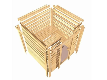 Karibu Sauna Mia inkl. 9 kW Bioofen ext. Steuerung, mit Klarglas Ganzglassaunatür -mit Dachkranz-
