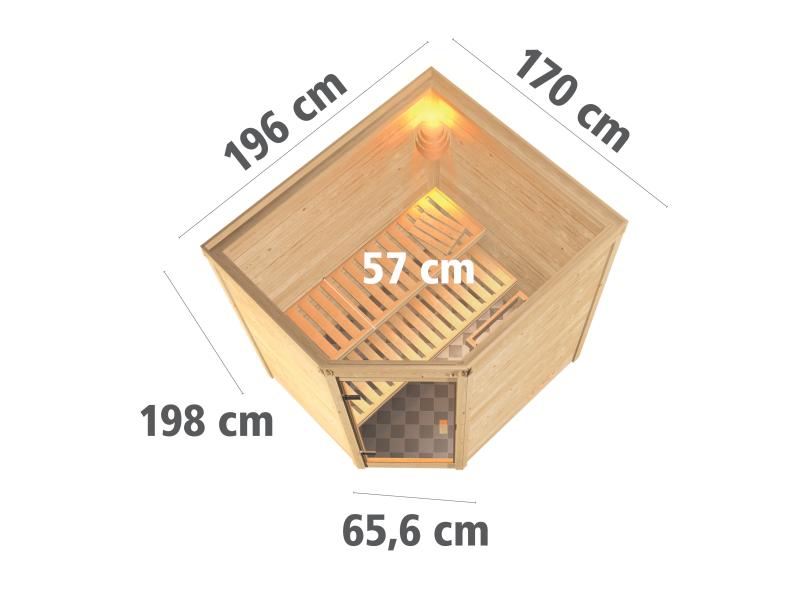 Karibu Sauna Mia inkl. 9 kW Ofen ext. Steuerung, mit klassischer Saunatür -ohne Dachkranz-