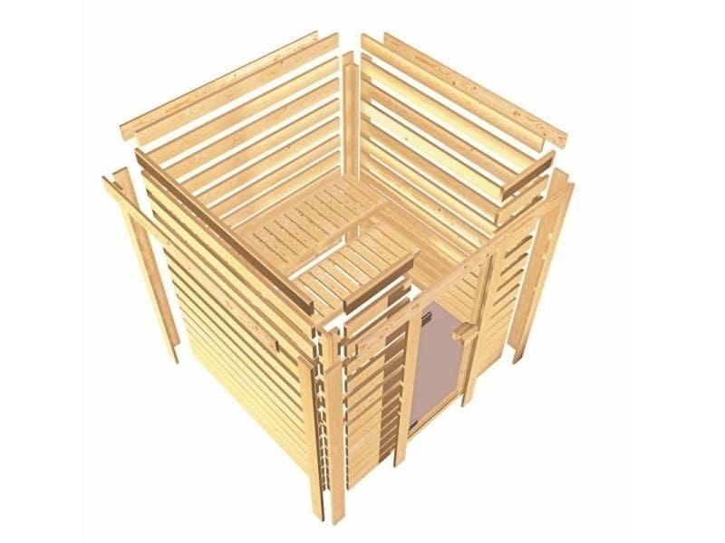 Karibu Sauna Mia inkl. 9 kW Ofen ext. Steuerung, mit moderner Saunatür -mit Dachkranz-