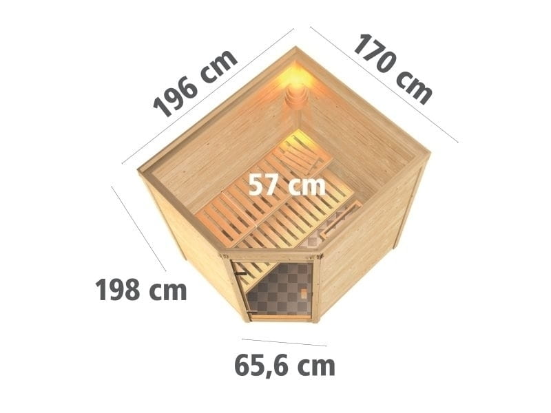 Karibu Sauna Mia inkl. 9 kW Ofen ext. Steuerung, mit Klarglas Ganzglassaunatür -ohne Dachkranz-