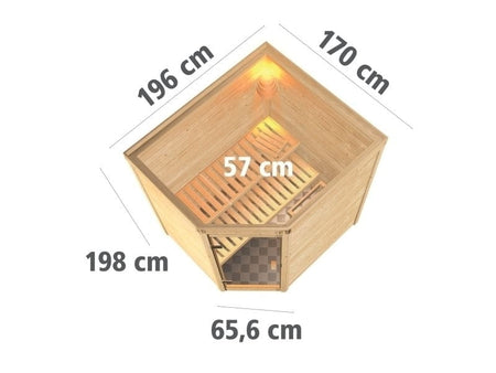 Karibu Sauna Mia inkl. 9 kW Ofen ext. Steuerung, mit Klarglas Ganzglassaunatür -ohne Dachkranz-