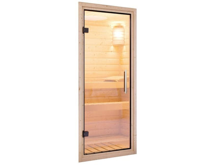 Karibu Sauna Mia inkl. 9 kW Ofen ext. Steuerung, mit Klarglas Ganzglassaunatür -ohne Dachkranz-