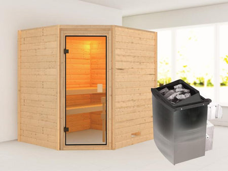 Karibu Sauna Mia inkl.  9 kW Ofen integr. Steuerung, mit klassischer Saunatür -ohne Dachkranz-