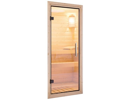 Karibu Sauna Mia inkl. 9 kW Ofen integr. Steuerung, mit Klarglas Ganzglassaunatür -ohne Dachkranz-