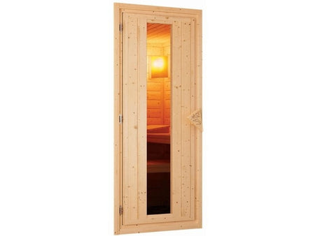 Karibu Sauna Mia inkl. 9 kW Ofen integr. Strg mit energiesparender Saunatür -mit Dachkranz-