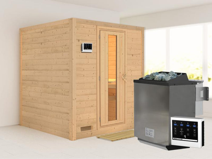 Karibu Sauna Mojave inkl. 9-kW-Bioofen mit externer Steuerung, ohne Dachkranz, mit energiesparender 
