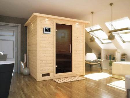 Karibu Sauna Mojave inkl. 9-kW-Bioofen mit externer Steuerung, mit Dachkranz, mit moderner Saunatür