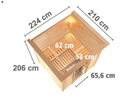 Karibu Sauna Mojave inkl. 9 kW Ofen mit ext. Steuerung, mit Dachkranz, mit Klarglas Ganzglastür
