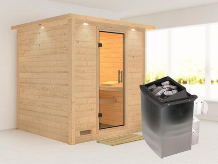 Karibu Sauna Mojave inkl. 9 kW Ofen mit int. Steuerung, mit Dachkranz, mit Klarglas Ganzglastür