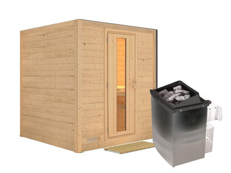 Karibu Sauna Mojave inkl. 9-kW-Ofen mit interner Steuerung, ohne Dachkranz, mit energiesparender Sau