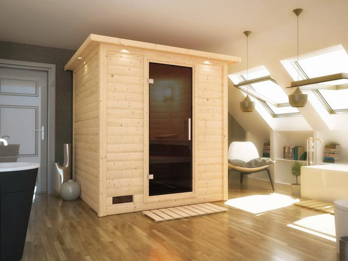 Karibu Sauna Mojave inkl. 9-kW-Ofen mit interner Steuerung, mit Dachkranz, mit moderner Saunatür