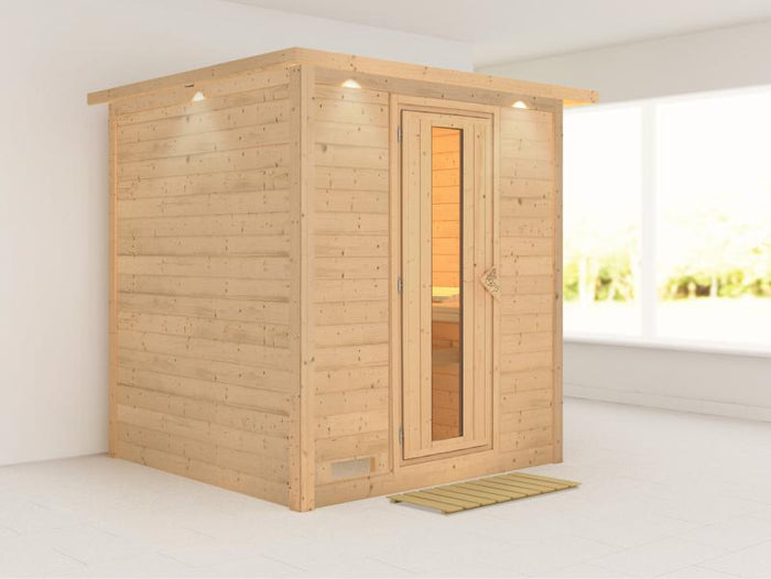 Karibu Sauna Mojave ohne Ofen, mit Dachkranz, mit energiesparender Saunatür