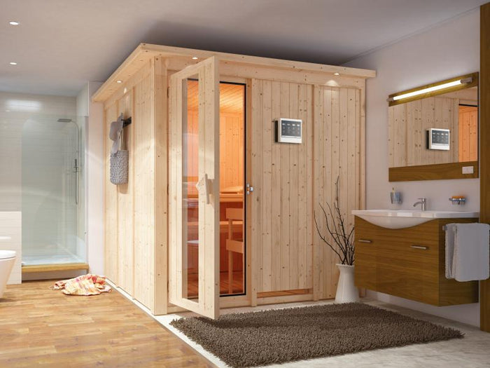 Karibu Sauna Rodin inkl. 9-kW-Bioofen mit externer Steuerung, mit Dachkranz, mit energiesparender Sa