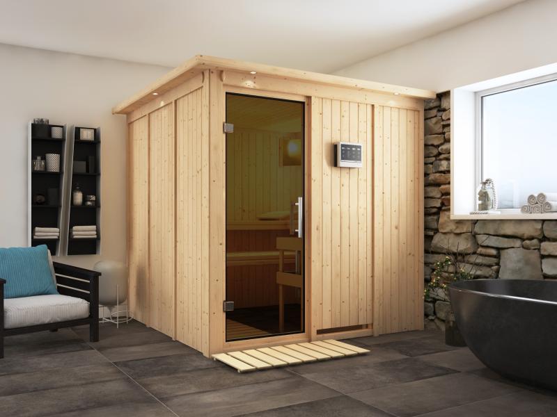 Karibu Sauna Rodin inkl. 9-kW-Bioofen mit externer Steuerung, mit Dachkranz, mit moderner Saunatür