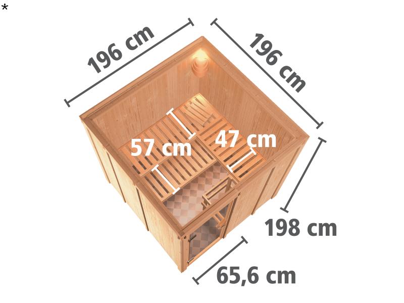 Karibu Sauna Rodin inkl. 9 kW Ofen mit int. Steuerung, ohne Dachkranz, mit Klarglas Ganzglastür