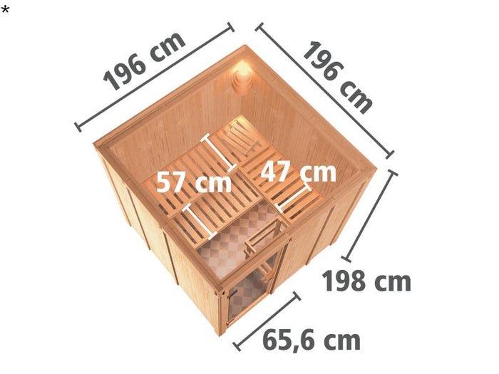 Karibu Sauna Rodin inkl. 9-kW-Ofen mit interner Steuerung, ohne Dachkranz, mit moderner Saunatür