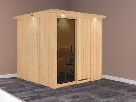 Karibu Sauna Rodin ohne Ofen, mit Dachkranz, mit moderner Saunatür
