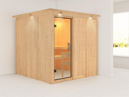 Karibu Sauna Rodin ohne Ofen, mit Dachkranz, mit Klarglas Ganzglastür