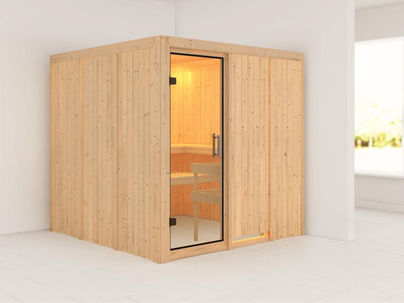 Karibu Sauna Rodin ohne Ofen, ohne Dachkranz, mit Klarglas Ganzglastür