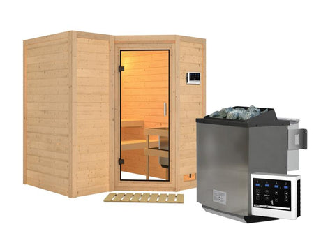 Karibu Sauna Sahib 1 inkl. 9 kW Bioofen ext. Steuerung, mit Klarglas-Ganzglastür - ohne Dachkranz-
