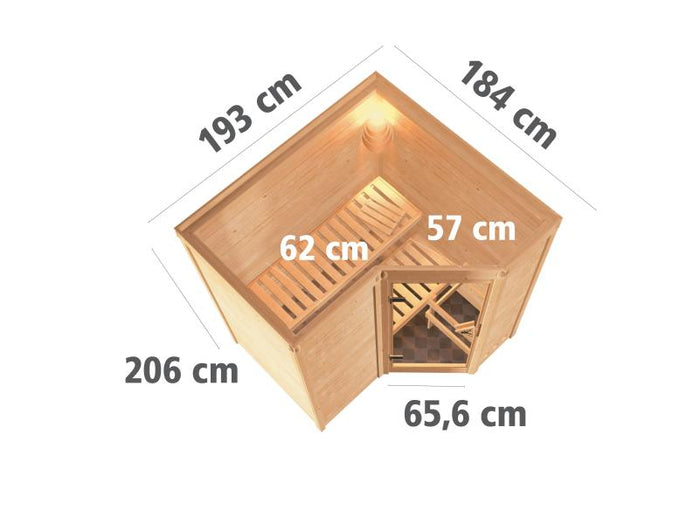 Karibu Sauna Sahib 1 inkl. 9 kW Bioofen ext. Steuerung, mit Klarglas-Ganzglastür - ohne Dachkranz-