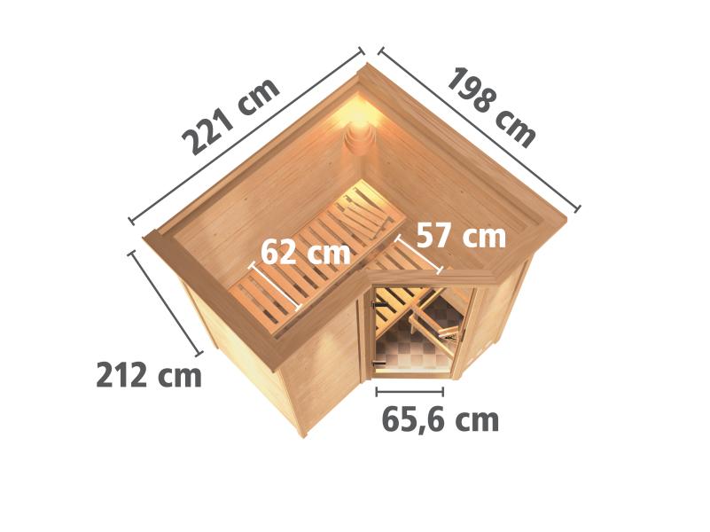 Karibu Sauna Sahib 1 inkl. 9 kW Bioofen mit ext. Steuerung, mit Klarglas-Ganzglastür -mit Dachkranz-
