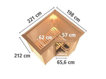 Karibu Sauna Sahib 1 inkl. 9 kW Bioofen mit ext. Steuerung, mit Klarglas-Ganzglastür -mit Dachkranz-