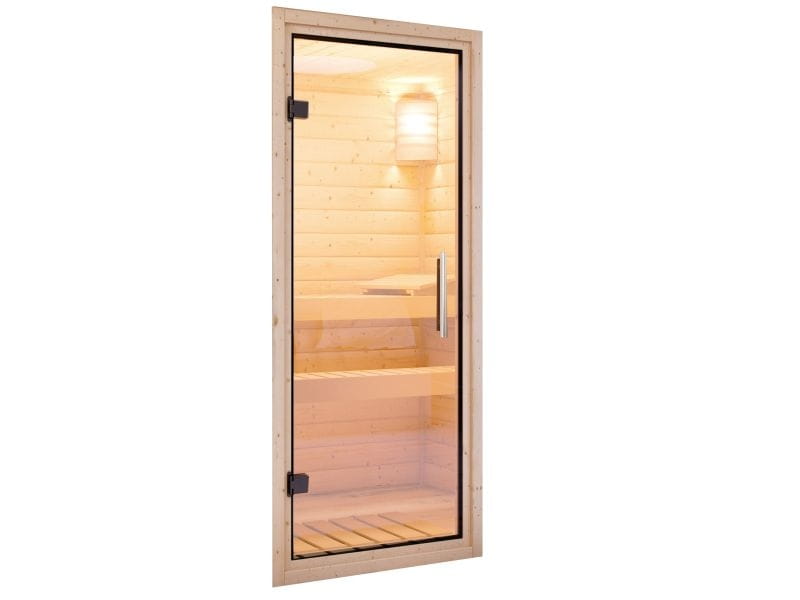 Karibu Sauna Sahib 1 inkl. 9 kW Bioofen mit ext. Steuerung, mit Klarglas-Ganzglastür -mit Dachkranz-