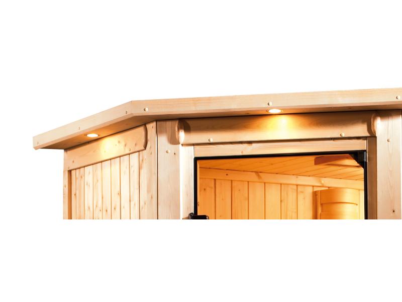 Karibu Sauna Sahib 1 inkl. 9 kW Bioofen mit ext. Steuerung, mit Klarglas-Ganzglastür -mit Dachkranz-