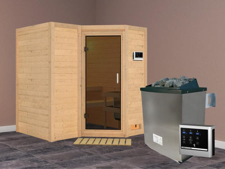 Karibu Sauna Sahib 1 inkl. 9 kW Ofen ext. Steuerung, mit moderner Saunatür -ohne Dachkranz-