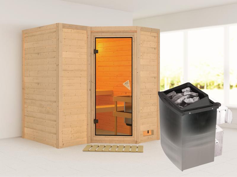 Karibu Sauna Sahib 1 inkl. 9 kW Ofen integr. Steuerung, mit klassischer Saunatür  -ohne Dachkranz-