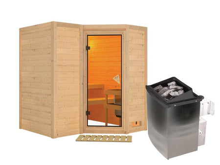 Karibu Sauna Sahib 1 inkl. 9 kW Ofen integr. Steuerung, mit klassischer Saunatür  -ohne Dachkranz-