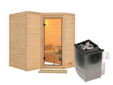 Karibu Sauna Sahib 1 inkl. 9 kW Ofen mit integr. Steuerung, mit Klarglas-Ganzglastür -ohne Dachkranz