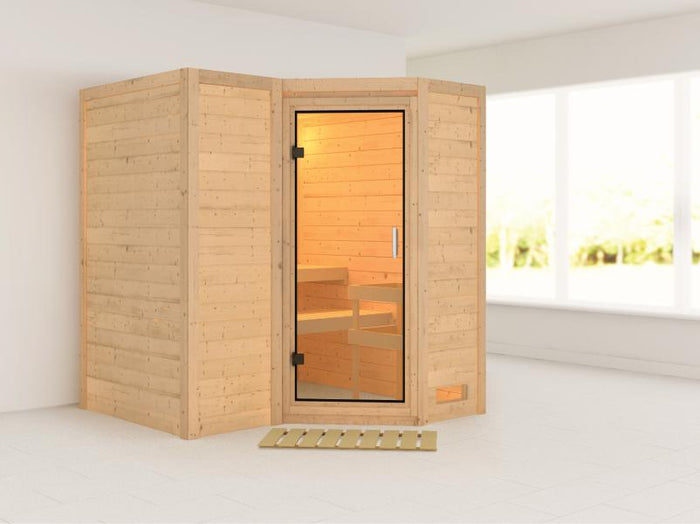 Karibu Sauna Sahib 1 ohne Ofen, mit Klarglas Ganzglastür -ohne Dachkranz-