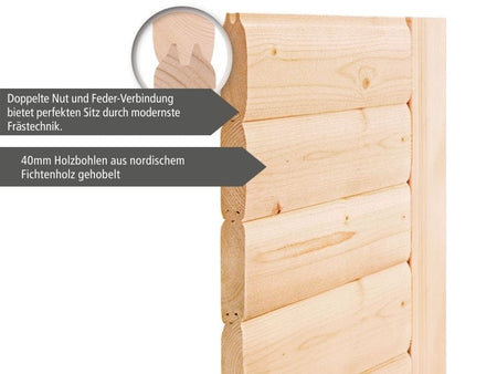 Karibu Sauna Sahib 1 ohne Ofen, mit Klarglas-Ganzglastür -mit Dachkranz-