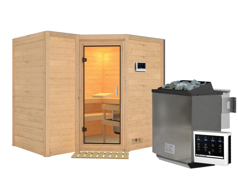 Karibu Sauna Sahib 2 inkl. 9 kW Bio Ofen mit ext. Steuerung, ohne Dachkranz, mit Klarglas Ganzglastü