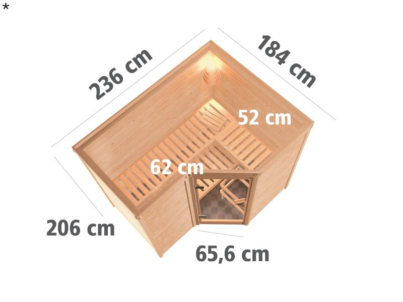 Karibu Sauna Sahib 2 inkl. 9 kW Bio Ofen mit ext. Steuerung, ohne Dachkranz, mit Klarglas Ganzglastü