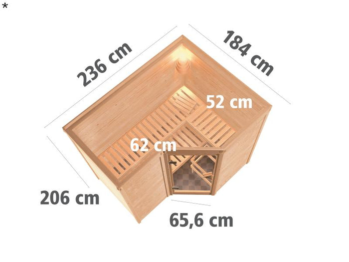 Karibu Sauna Sahib 2 inkl. 9 kW Bio Ofen mit ext. Steuerung, ohne Dachkranz, mit Klarglas Ganzglastü