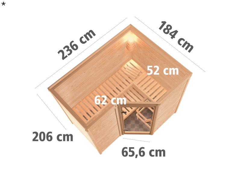 Karibu Sauna Sahib 2 inkl. 9-kW-Bioofen mit externer Steuerung, ohne Dachkranz, mit energiesparender