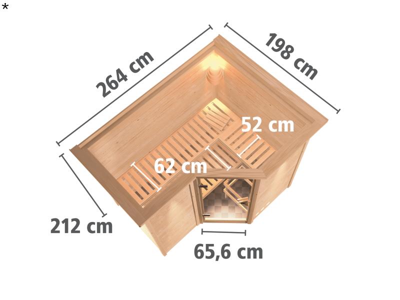 Karibu Sauna Sahib 2 inkl. 9 kW Ofen mit ext. Steuerung, mit Dachkranz, mit Klarglas Ganzglastür